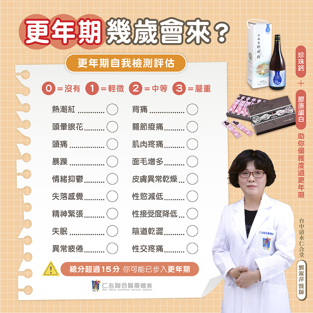 医师提供更年期自我检测评估表，包含热潮红、头晕、情绪抑郁、失眠、皮肤干燥、性欲减低等症状，并介绍珍珠钙与胶原蛋白有助优雅度过更年期，提醒若总分超过15分即可能进入更年期，及早保养改善健康状态。